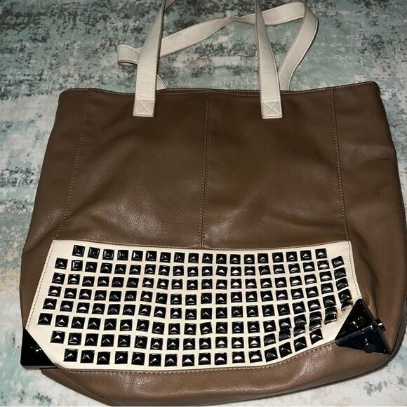 Big Buddha Studded Brown and Cream Tote Bag - Picture 1 of 8